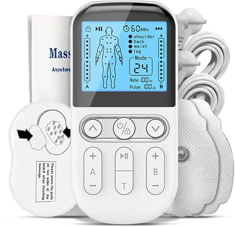 EVOLUXCARE Electroestimulador TENS de 2 salidas, TENS EMS para terapia de alivio del dolor con masajeador de pulso eléctrico de 24 modos y 20 niveles.
