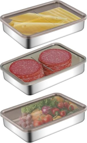 XJL-FRE-D Set mit 3 Aufschnittboxen für Kühlschrank,Wurst Aufbewahrung Kühlschrank,Aufschnittbox,Kühlschrank Organizer,Edelstahl Frischhaltedosen mit Deckel für Käse,Fleisch (27 * 20.3 * 4.6cm)
