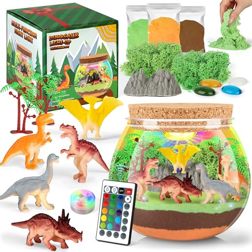 Charmofun Dinosaurier Terrarium Set, Dinosaurier Nachtlicht Kinder, Dinosaur Bastelset mit Fernbedienung und Farbigen Lichtern, Dinosaurier Spielzeug Geschenk für Kinder Jungen ab 4, 5, 6, 7, 8-12