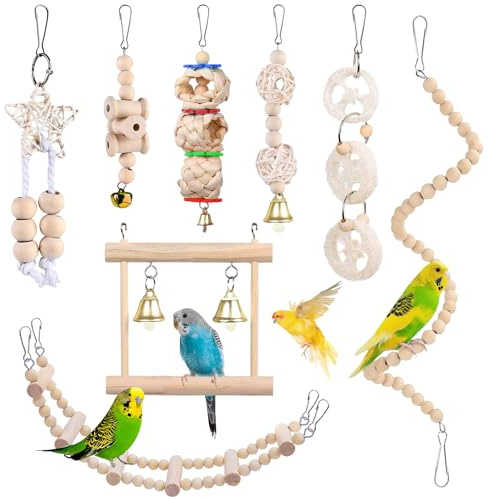 Eulihent 8 Pcs Bird Toys for Caged Birds Budgie Toys Parrot Swing Chew Toy Wooden Swing Hanging Bell Hammock for Budgerigar Parakeet Cockatiels Lovebirds Finches