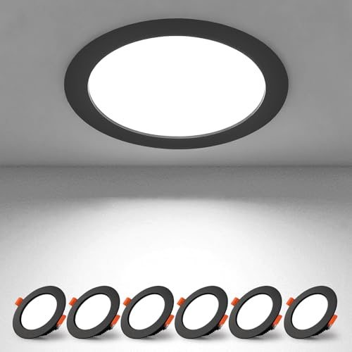 BAGZY Downlight LED Techo Empotrable 7W Negro 220V IP44 Blanca Fria 6000K Interior Focos Techo Redondo Extraplano Recorte 65-75mm Ojos de Buey LED para Baño Cocina Pack de 6（Modelo sin conductor）