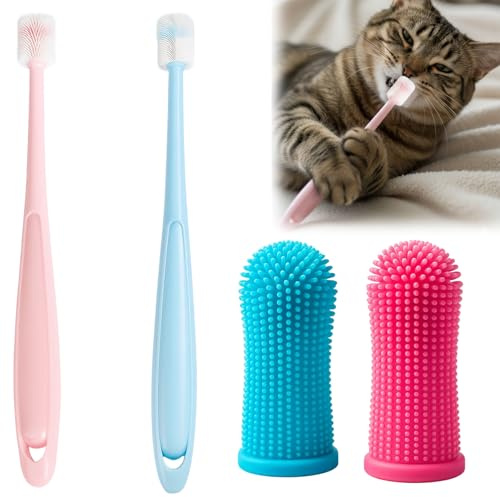 Katzenzahnbürste und Hundezahnbürste Set, 4-teilig mit Fingerzahnbürsten in Rosa und Blau, Sanfte Zahnpflege für Haustiere, Ergonomisches Design für einfache Handhabung