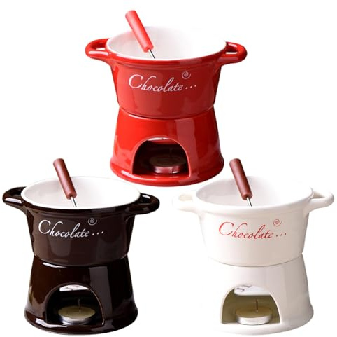 Genérico Juego De Tazas De Fondue De Chocolate De 3 Piezas, Taza De Fondue De Chocolate De Cerámica con Tenedor, Taza De Fusión De Queso para Candelita, Vela, Salsa, Pan De,