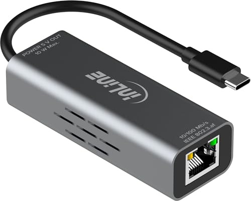 Inline USB-C auf RJ45 Adapter mit PoE Unterstützung, 100 Mb/s, Überspannungsschutz, Aluminiumgehäuse, Plug & Play, Power Delivery bis 10W, 33380J