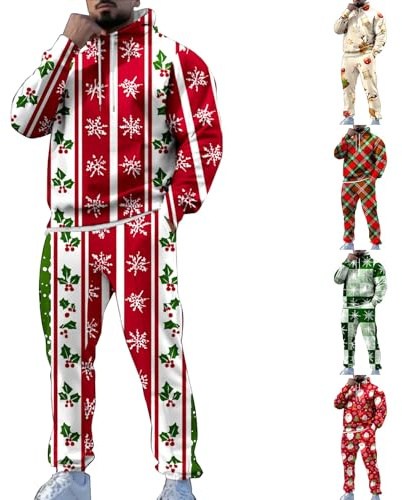 2-delad julkostymer herr rolig snöflinga rutig jultomte träningsoveraller överdimensionerad jul sweatsuit långärmad huvtröjor och träningsbyxor joggingset semester sport gym kläder med fickor, BEIgE