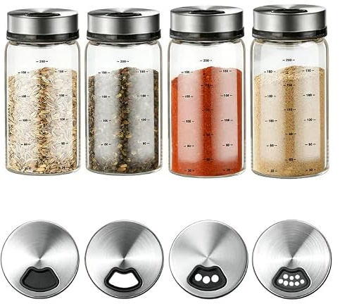 VEGOATY 4 stycken kryddburkar med vridtäcke: 200 ml kryddburkar med 4 typer av kryddhål, fuktbeständig borosilikatglas kryddströare med lock av 304 rostfritt stål för kök, grillning, BBQ