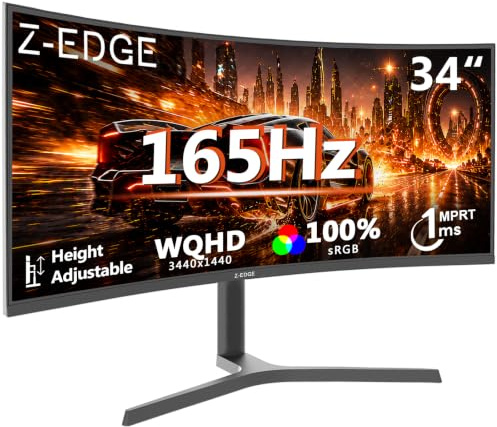 Z-Edge 34 tum Ultrawide Böjd Spelskärm 165Hz 1 ms MPRT, 3440x1440 UWQHD, 21:9 VA-panel, lutningsbar, svängbar, höjdjusterbar, FreeSync, DisplayPort (165Hz) HDMI (100Hz), PIP & PBP, Svart