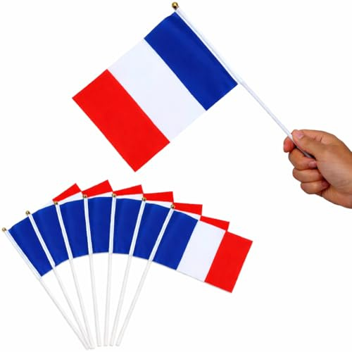 10 pezzi piccola bandiera francese, mini bandiere a mano tricolore con bacchetta in plastica, piccola bandiera francese con bastone per decorazione calcio e giochi (14 x 21 cm), coppa del mondo 2026
