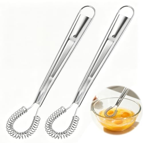 Set de 2 Batidores de Cocina en Acero Inoxidable - Herramienta Manual para Batir Huevos, Batidor con Bobina de Resorte para Hornear, Cocinar, Batir Leche y Té con Leche, Ideal para Mezclar Salsas