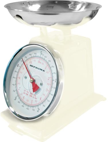 5kg Mechanical Kitchen Scale with Stainless Steel Mixing Bowl – Vintage Style Analogue Food Weighing Scale with Manual Zero Adjustment – Retro Cooking and Baking Ingredient Scale (Cream)