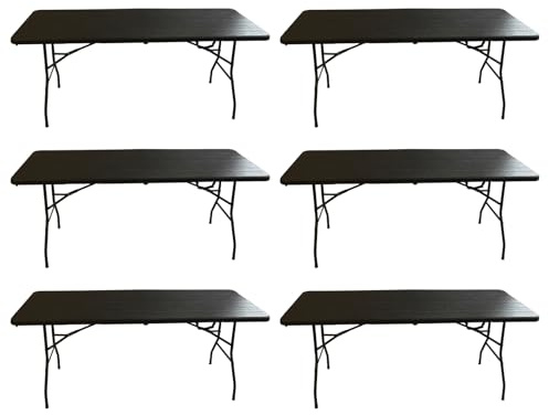 ADANITY Pack 6 Mesas Auxiliares Plegables Simil Madera 180 cm - Diseño Rústico Elegante - Tablero Polietileno Resistente - Base Acero Pintura Epoxi - para Comedor Jardín Bodas - Fácil Limpieza