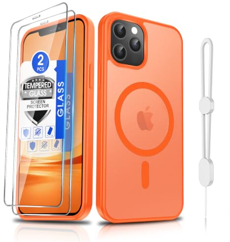 Dizn for iPhone 12/iPhone 12 Pro Phone Case: 2 Glass Screen Protector, Phone Wrist Strap, Fit for MagSafe, Indestructible Protective,Matte Translucent, Magnet Cover for iPhone12/i Phone 12Pro,Orange