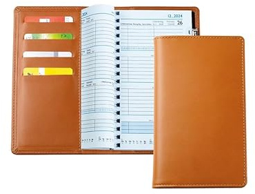 DELMON VARONE - Personalisierbarer Taschenkalender 2026 + 2027 Boxcalf Leder braun - Organizer Wochenplaner (1 Woche auf 2 Seiten) Lederhülle - Kalender Wochenübersicht Spiralbindung Stifthalterung