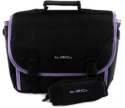 New TGC ® Messenger Style TGC Padded Carry Case Bag for The ieGeek 12.5 Portable DVD Player (Jet Black with Purple Trims)