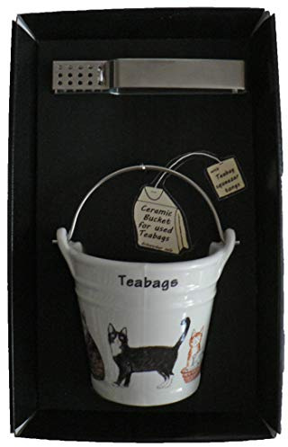 Cat Teabag Tidy Bucket with Teabag Squeezer Tongs - Gift Boxed