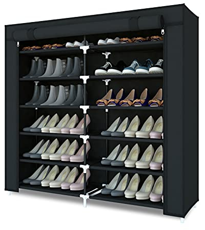 Mondeer Portascarpe Scarpiera Armadio in Tessuto 6 Livelli, con Rivestimento Antipolvere ripiano scarpiera in Tessuto per ca. 36 Paia di Scarpe, 110 x 115 x 30 cm, Nero