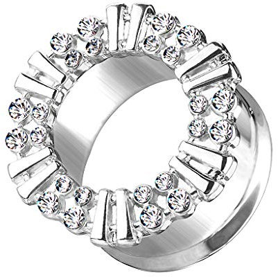 Piersando Flesh Tunnel Ohr Plug Piercing Edelstahl Vintage Antik Double Flared Sonne mit Strass Kristall Steinen 12mm Silber