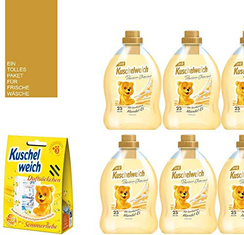 8tlg. Set: 6x750ml Kuschelweich Weichspüler Premium Glamour Creme 150 WL Mandel-Öl + 1 x Kuschelweich Duftsäckchen Box Wilde Vanille | 1 x Mini-Bag von STUDIO.MUNET in Beige