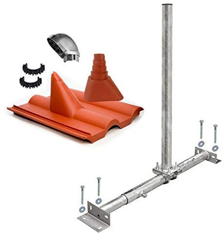 Premium X Dachsparrenhalter Satellitenschüssel Montage Set Sparrenhalter feuerverzinkt Frankfurter Dachziegel rot SAT Mastkappe