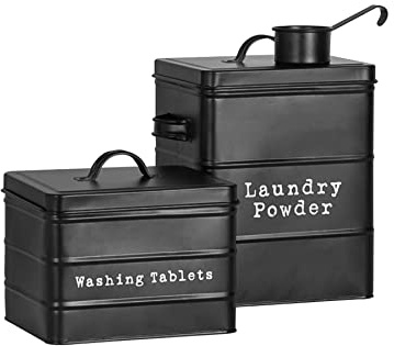 Harbour Housewares Utility Canisters Storage Set - Black - 2pc Vintage Under Sink Metal Storage Canisters Kitchen Caddy Tins for Laundry Detergent, Washing Tablets, Kitchen Organisation & Home Décor
