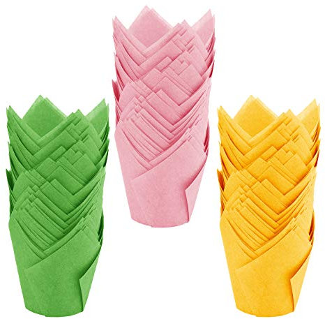 BIGKASI 150 pezzi pirottini tulipano per muffin di carta da forno a tulipano pirottini di Carta pirottini per tulipani per Muffin per panifici, Catering, Matrimoni e Compleanni (Rosa, verde, giallo)