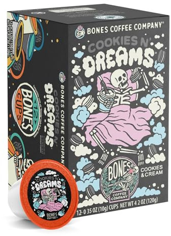 Bones Coffee Company Cookies 'N Dreams, Cookie and Cream Flavored Coffee Pods, Low Acid Medium Roast Single-Serve Bones Cups, Compatible with K-Cups Brewers Coffee Maker, 12 Count