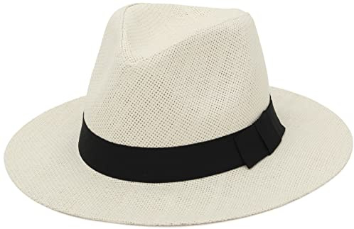 GEMVIE Chapeau de paille d'été Panama à large bord Fedora Chapeau de soleil Plage Panama Chapeau de paille pour homme et femme, beige, 7-7 1/4