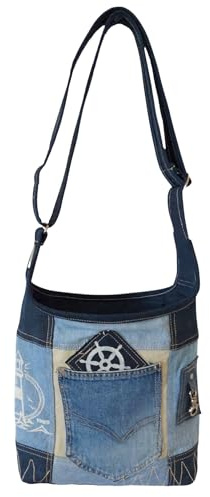 Sunsa Damen Tasche. Umhängetasche aus recycelte Jeans Canvas und Leder. Hobo Jeanstasche. Nachhaltige Schultertasche. Vintage Crossbody Damentasche. Taschen für Sie/Ihn (jeans blau)