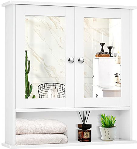 CASART Bathroom Mirror Cabinet, Wall Mounted Storage Cupboard with Double Doors and Adjustable Shelf, Wooden Display Organiser Unit for Kitchen Living Room (White)