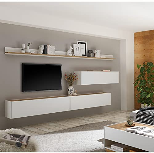 Lomadox TV Wand hängend in weiß mit Absetzungen in Wotan Eiche Nb., B/H/T: ca. 340/180/30 cm