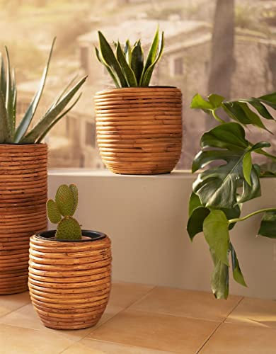 Dekoleidenschaft 2X Pflanzer Rattan 25 + 33 cm hoch, Blumentopf-Set, Pflanztopf-Set, Übertopf-Set mit Einsatz, Blumenübertopf bepflanzbar