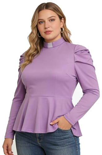 Dam elegant smal passform långärmad volangfåll ståkrage blus skjorta enfärgad toppar casual arbete toppar, Ljusviolett, XL