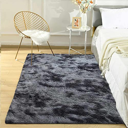 ASIinnsy Area Rugs Soft Fluffy Shaggy Rugs Living Room Grey Large Modern Plush Rug High Pile Non-Slip Bedroom Carpet Floor Mat Nursery Bedside Rug (Black Grey, 80 x 120 cm)