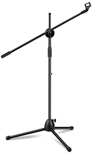 Holdfiturn Microphone Stand Adjustable Straight Collapsible Studio Holder with Free Tripod Telescoping Mic Clip Adapter Tripod Base for Musicians Party Stage (82-152)