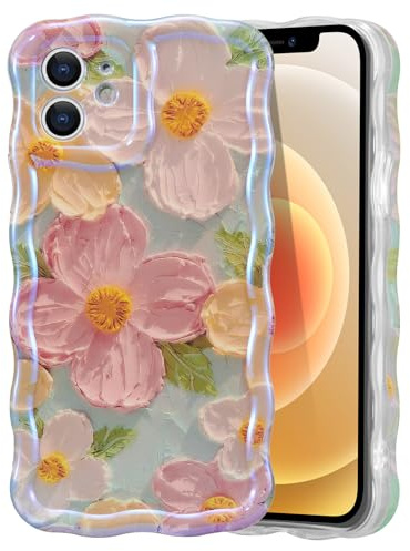 EYZUTAK Case for iPhone 12, Colorful Retro Oil Painting Print Flower, Green | Laser Glossy Floral Pattern, Cute Curly Wave Edge, Exquisite Phone Cover, Stylish Durable TPU Protective Case for Girl Women
