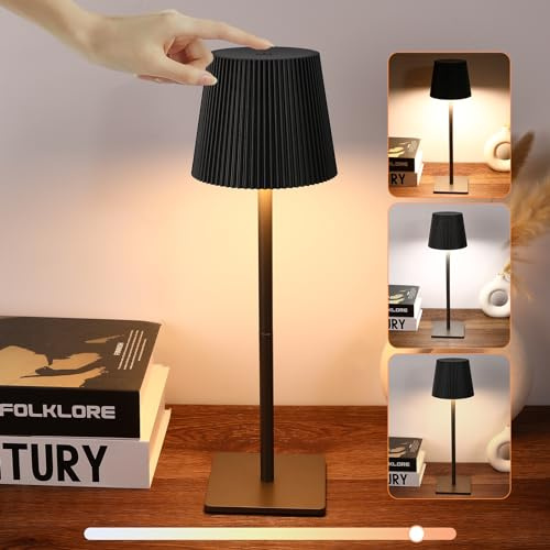 Mkitnvy Lampada da Tavolo senza Fili, LED Lampada da Tavolo Ricaricabile con Controllo Tattile, Dimmerabile 3 Luci, IP54 Impermeabile Lampada per Interno Esterno Camera Ufficio Bar Ristoranti - Nero