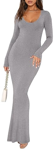 REORIA Women's Sexy Scoop Neck Long Sleeve Lounge Long Dress Ribbed Bodycon Maxi Dresses
