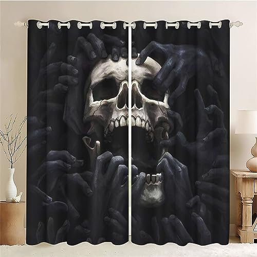 SMchwbc Vorhänge Totenkopf Gardinen Blickdicht mit Ösen Gothic Vorhänge Skull 3D Verdunkelungsvorhäng Totenkopf rosa 2er Set Gardinen für Dekoration (2,220 x 215 cm(2X110X215cm))