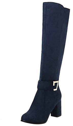 Joliss Donna Suede Knee Stivali con Fibbia Tacco a Blocco Stivali Alti Punta Rotonda Zip Stivali Alti Casuale Lady Stivali da Sera Blu-Danli Numero 37 EU/38Cn