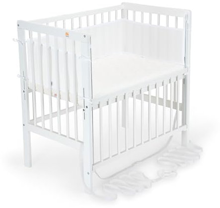 FabiMax Baby Beistellbett Flex mit innovativem Seitengitter für Boxspringbett, inkl. Matratze und Nestchen aus Netzstoff, Buche massiv weiß, Air/weiß