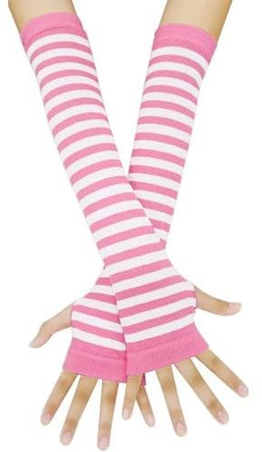 Miskon Gestrickte Armwärmer, Daumenloch, dehnbare Handschuhe, Damen, lang, fingerlos, Halloween, Cosplay, #2 Rosa / Weiß, Einheitsgröße