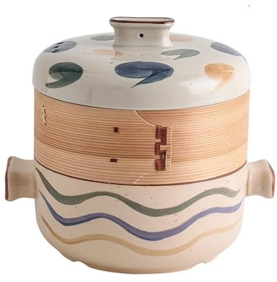 RSBFER Japanese Casserole Pot with Bamboo Steamer Basket, Ceramic Casserole Clay Pot Steam Stew Pot for KitchenCooking,A,2.5L