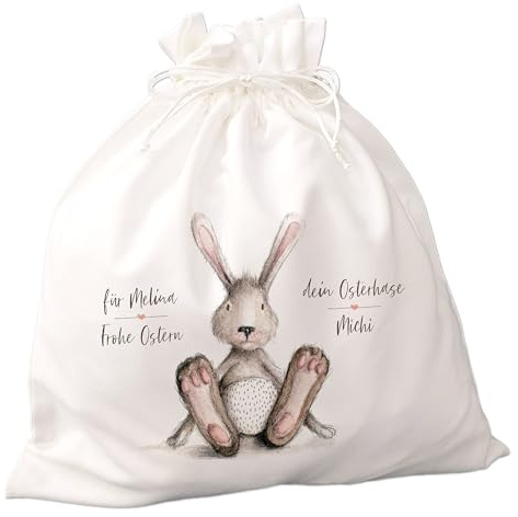 FEENSTAUB Ostersackerl, Ostern Geschenkverpackung Stoff, personalisierbar, Ostersäckchen mit Namen und Text, Geschenkbeutel Ostern, Alternative zum Osterkörbchen, bedruckt mit Osterhasen