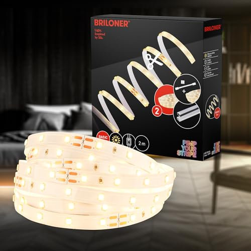 BRILONER – LED Stripe Starter Set 2m LED Strip warmweiß, Kabelschalter, 3m Zuleitung, Kürzbar, Selbstklebend, Streifen, Lichtleiste, Zimmer Deko, Gaming Deko, Lichtband, Weiß