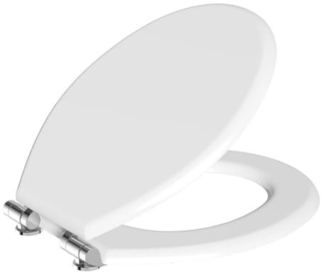 ADEPTNA Luxury Durable 18 Toilet Seat - Adjustable to Fit Most Toilets, Oval Seat Hinges and Parts Bathroom Wooden MDF Toilet Seat - Easy to Clean and Install (White)