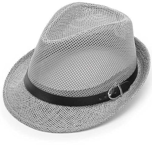 Panama-Hut aus Stroh, Sommer, Fedora-Hut, Trilby aus Mesh, atmungsaktiv, Jazz-Hut, Vintage, Strandkappe, Reise, Urlaub, UV-Schutz, Sonnenhut mit kurzem Rollrand für Männer, grau, 56-58