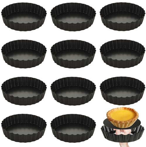 WOPPLXY 12 PCS 12cm Mini Tart Tins - 4.7 Inch Loose Bottom Tart Tin Mini Pie Tins - Non Stick Tartlet Tins Carbon Steel - Mini Individual Pie Flan Quiche Cheesecake Tins for Baking