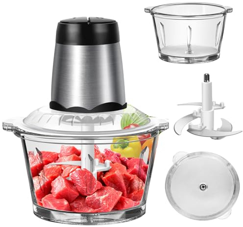 Hachoir à viande Hachoir à viande 2L pour viandes, légumes, fruits et noix, Hachoir à viande avec bol en verre, 300W, 2 vitesses, 4 lames d'acier tranchantes à deux niveaux