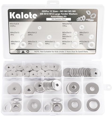 205Pcs Fender Washers, 304 Stainless Steel Washers for Bolts Assortment, M3 M4 M5 M6 M8 M10 M12 for Home Car Industrial