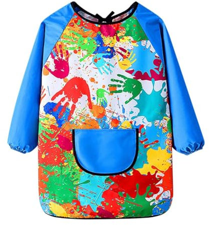 KIMMAX Malschürze Kinder Malerkittel für 7-11 Jahre Mädchen Junge Tuschkittel Wasserdicht Malkittel Bastelschürze für Schule Kunst Malerei Kochen（120-135cm） (Blau-Lange Ärmel, M(100-120cm))